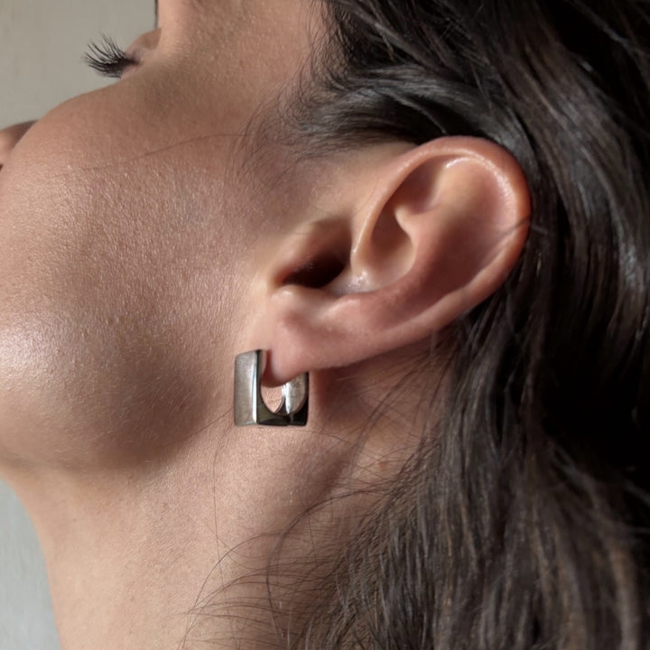 Silver Square Earlobe Hoop Earrings