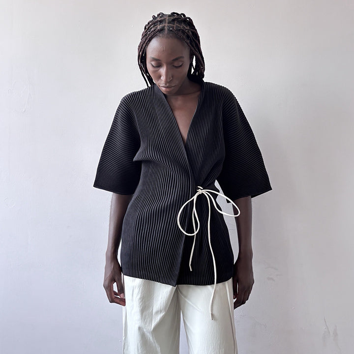 Black Pleated Kimono Cardigan With White Cord