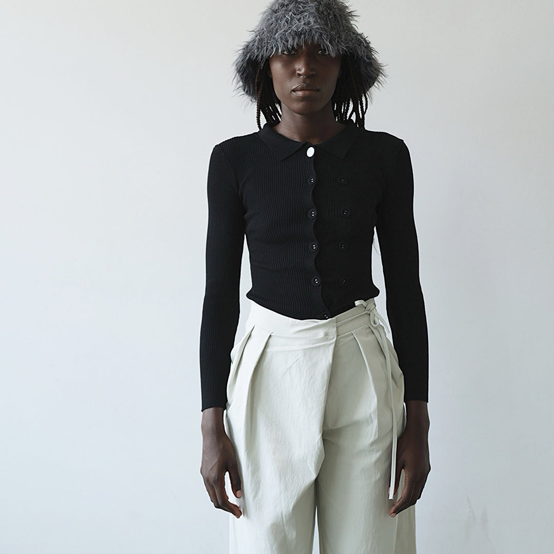 Black rib knit shirt top with button details