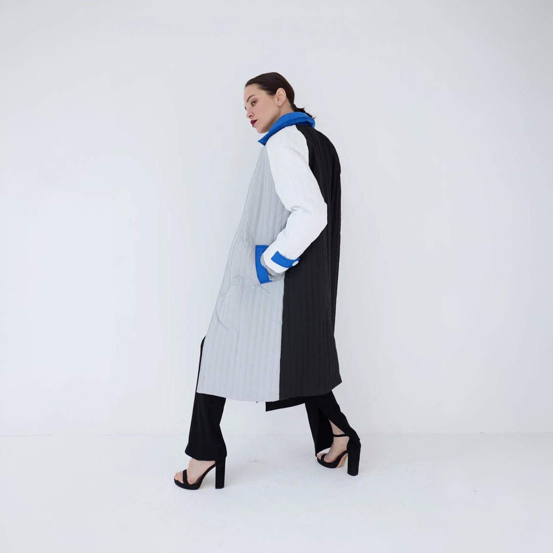 White Grey Blue Patchwork Colour Block Quilt Long Jacket