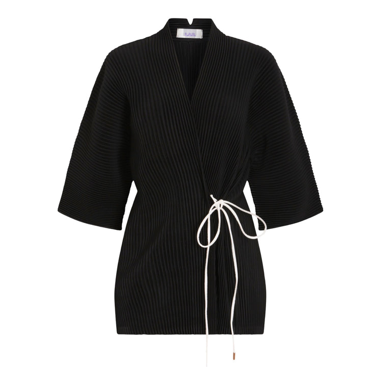 Black Pleated Kimono Cardigan With White Cord