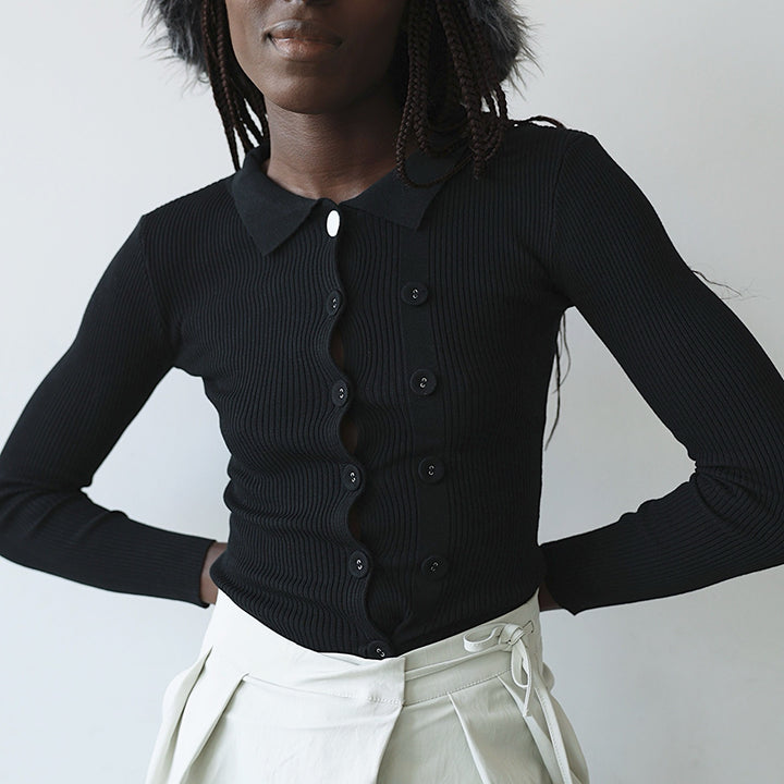 Black rib knit shirt top with button details