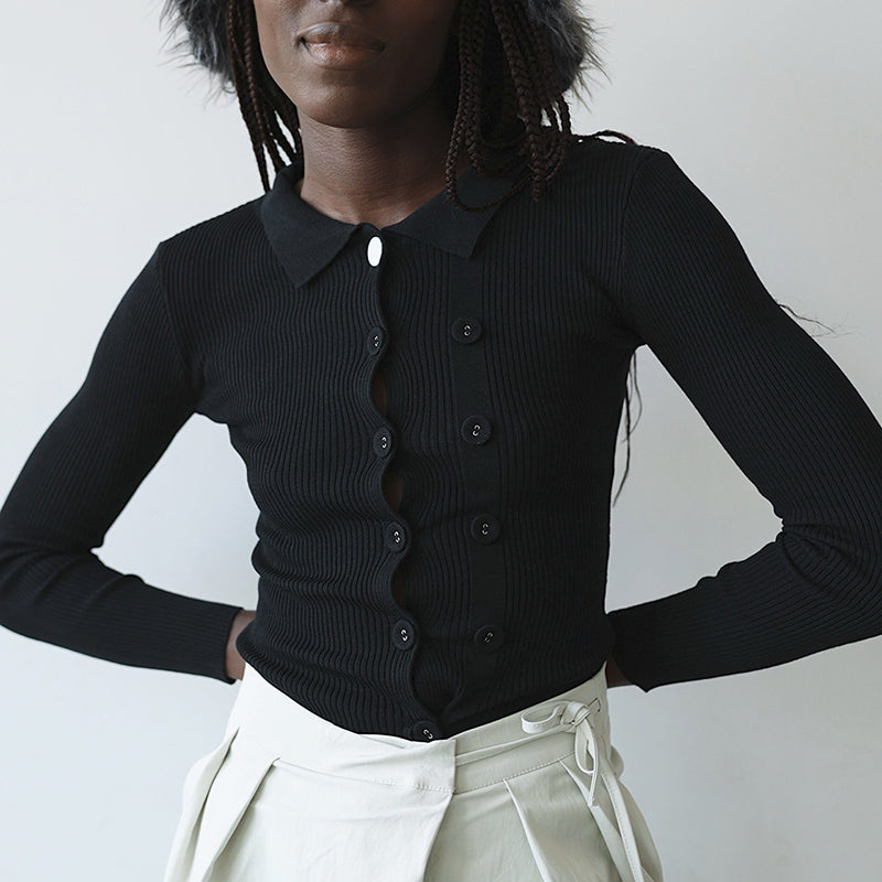 Black Rib Knit Shirt Top With Button Details