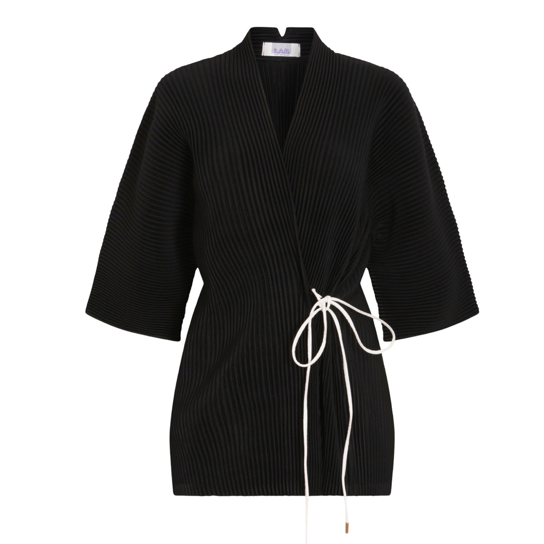 Black Pleated Kimono Cardigan With White Cord