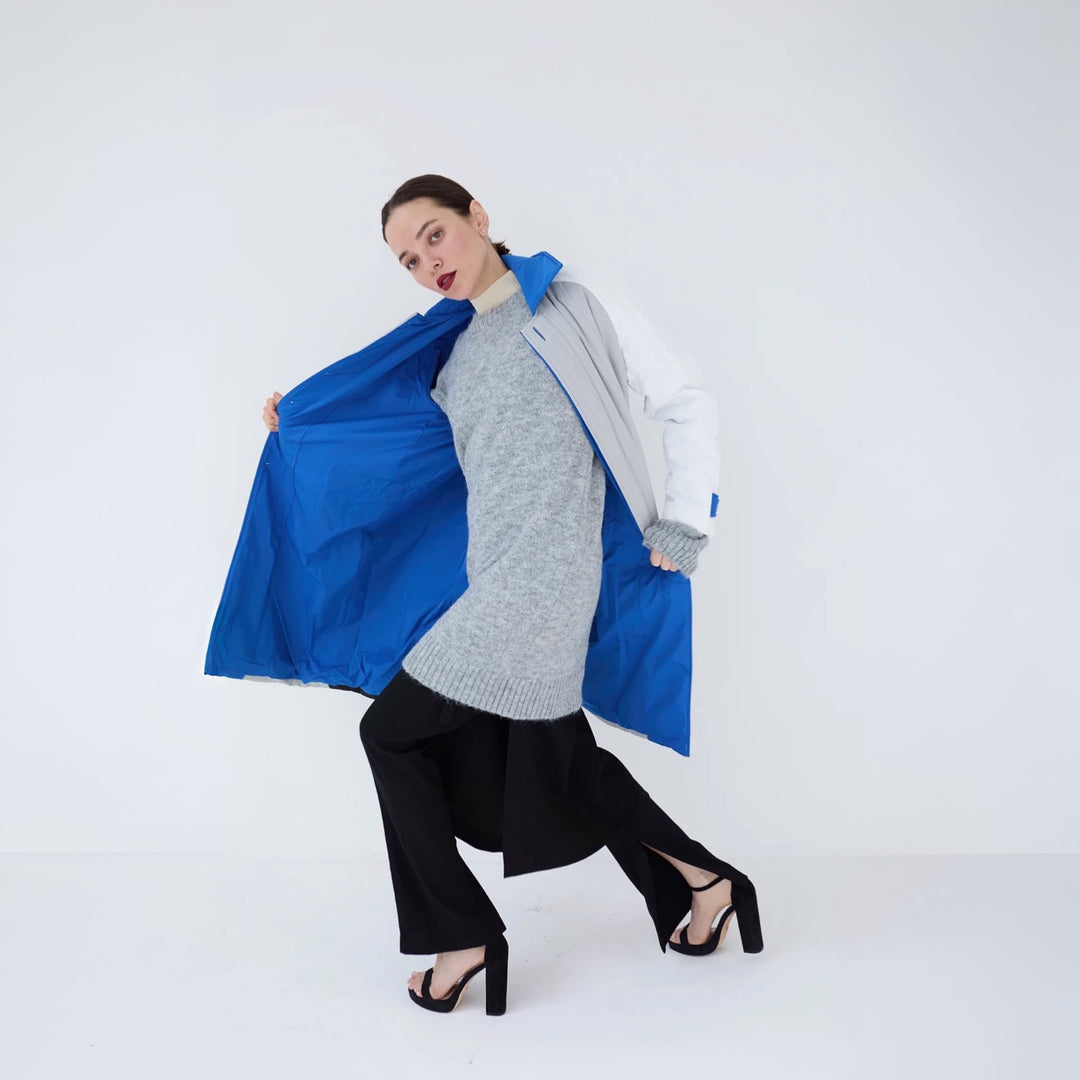 White Grey Blue Patchwork Colour Block Quilt Long Jacket