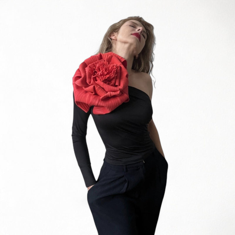 Black One Sleeve Top With Red Flower Pin