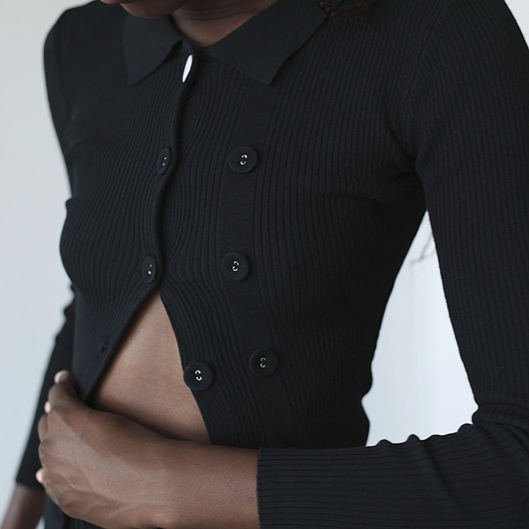 Black rib knit shirt top with button details