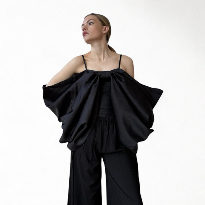 Black duchess satin bow top with straps