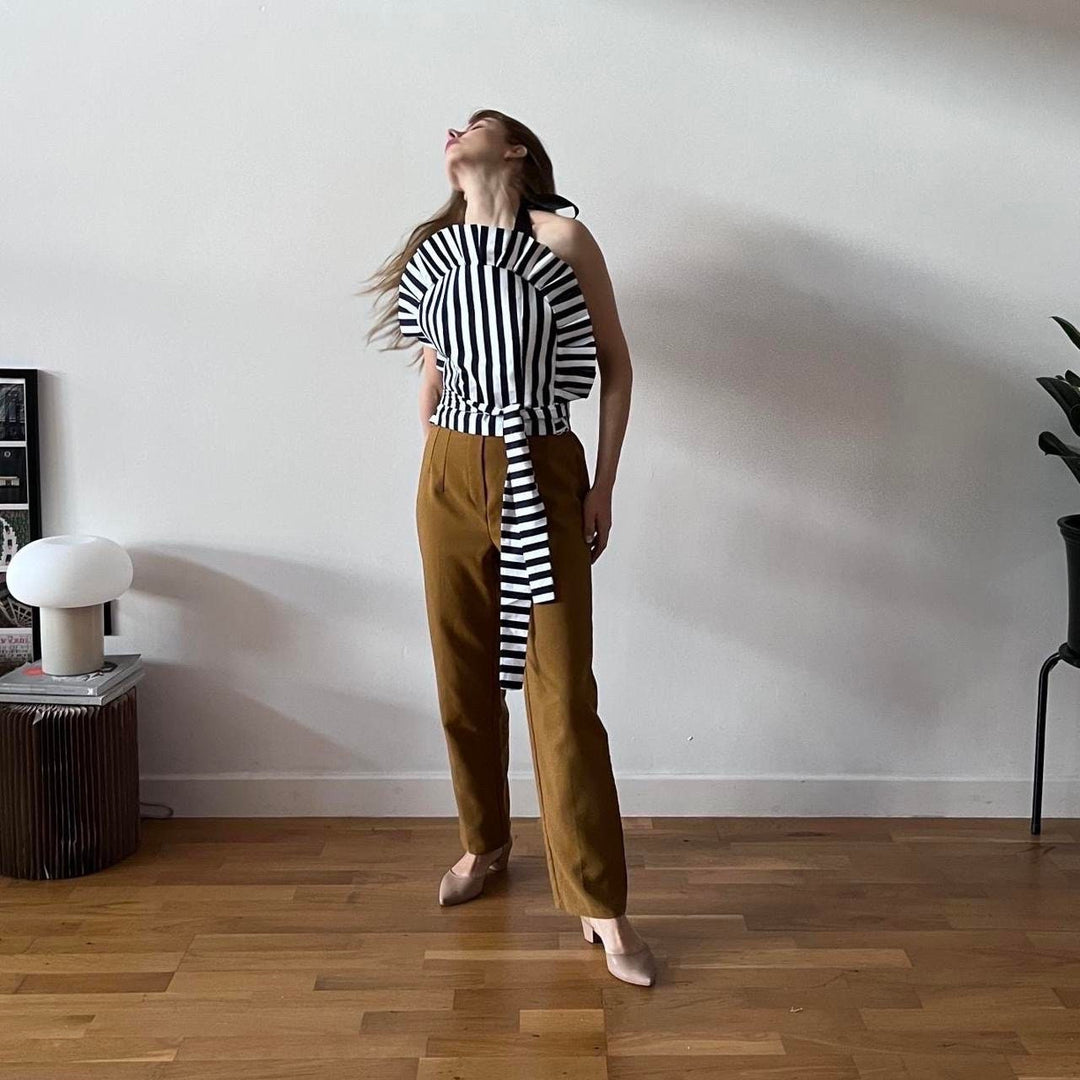 Black and white striped halter backless ruffle top