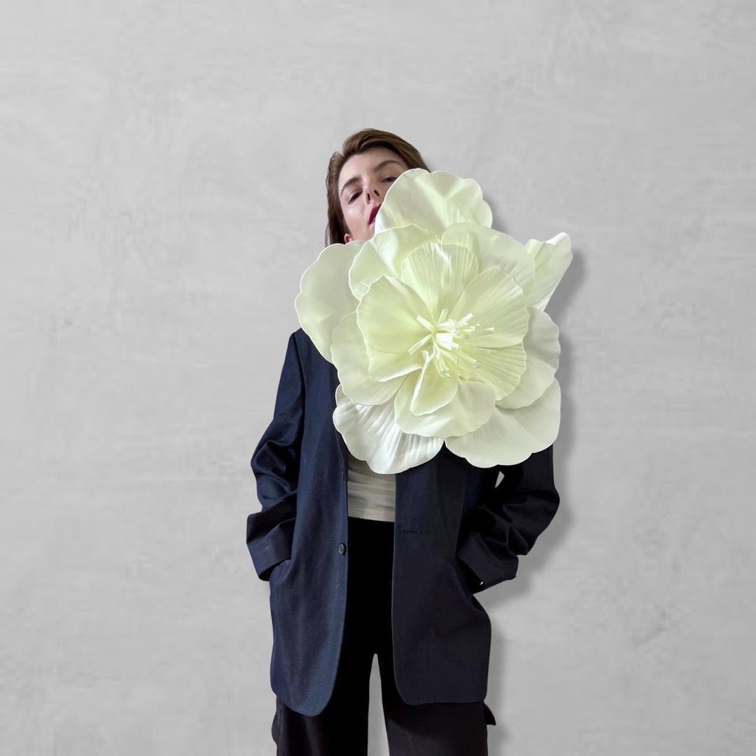 Reworked oversize blazer with big white flower pin