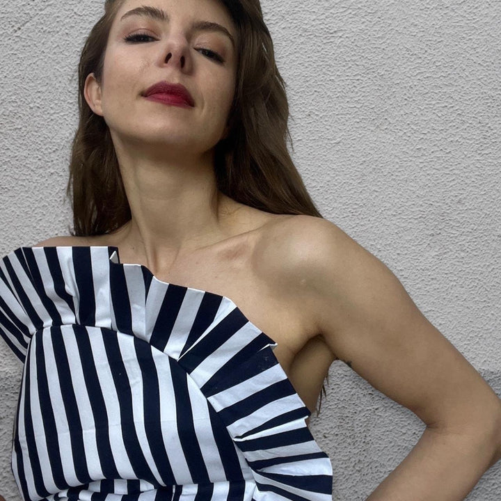 Black and white striped halter backless ruffle top